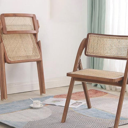 Contemporary Nordic Rubberwood & Rattan Weaving Rectangular Folding Dining Chair With Backrest For Dining Room