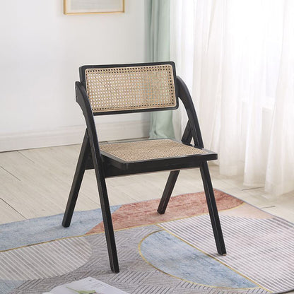 Contemporary Nordic Rubberwood & Rattan Weaving Rectangular Folding Dining Chair With Backrest For Dining Room
