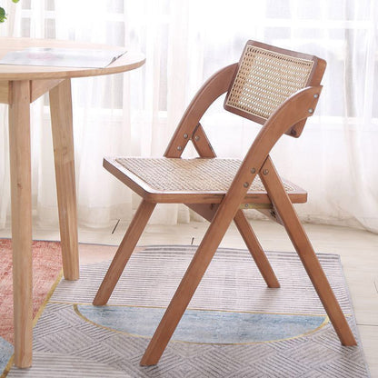 Contemporary Nordic Rubberwood & Rattan Weaving Rectangular Folding Dining Chair With Backrest For Dining Room