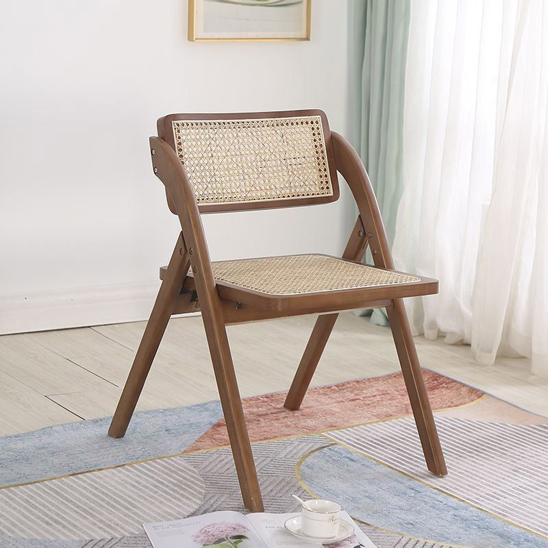 Contemporary Nordic Rubberwood & Rattan Weaving Rectangular Folding Dining Chair With Backrest For Dining Room