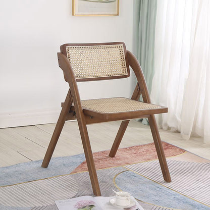 Contemporary Nordic Rubberwood & Rattan Weaving Rectangular Folding Dining Chair With Backrest For Dining Room