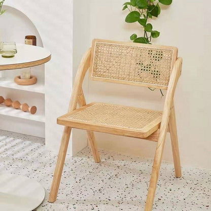 Contemporary Nordic Rubberwood & Rattan Weaving Rectangular Folding Dining Chair With Backrest For Dining Room