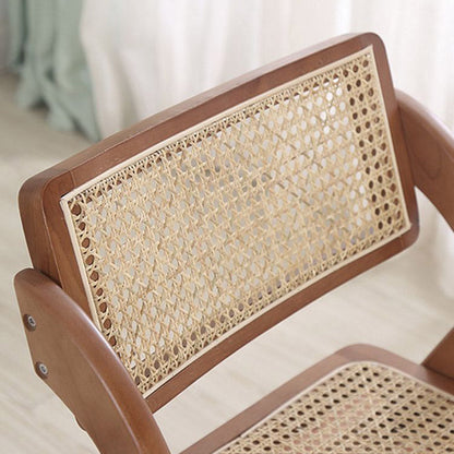 Contemporary Nordic Rubberwood & Rattan Weaving Rectangular Folding Dining Chair With Backrest For Dining Room