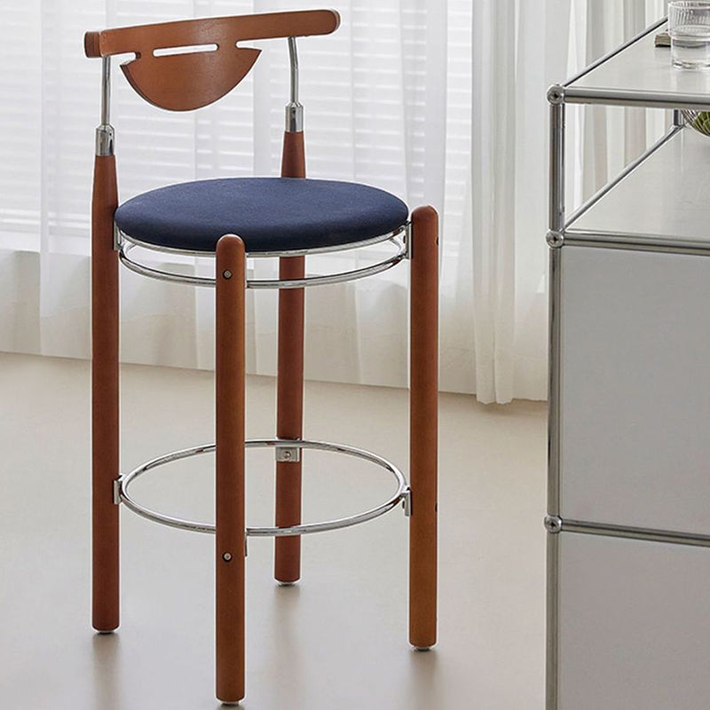 Modern Minimalist Round Solid Wood Plywood Wrought Iron Bar Stool With Backrest Footrest - Beech Wood Legs, Upholstered Sponge Cushions For Dining Room & Kitchen