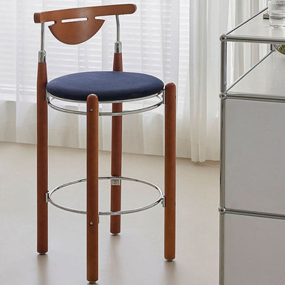 Modern Minimalist Round Solid Wood Plywood Wrought Iron Bar Stool With Backrest Footrest - Beech Wood Legs, Upholstered Sponge Cushions For Dining Room & Kitchen