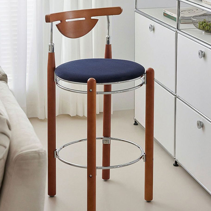 Modern Minimalist Round Solid Wood Plywood Wrought Iron Bar Stool With Backrest Footrest - Beech Wood Legs, Upholstered Sponge Cushions For Dining Room & Kitchen