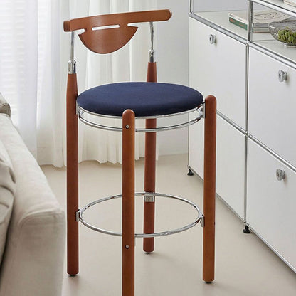Modern Minimalist Round Solid Wood Plywood Wrought Iron Bar Stool With Backrest Footrest - Beech Wood Legs, Upholstered Sponge Cushions For Dining Room & Kitchen