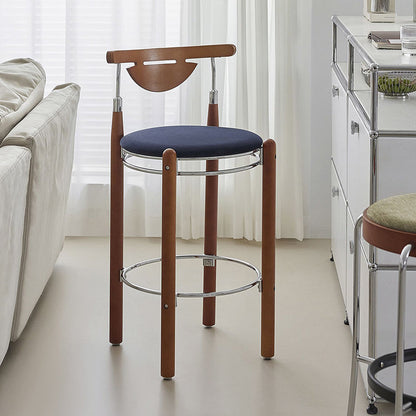 Modern Minimalist Round Solid Wood Plywood Wrought Iron Bar Stool With Backrest Footrest - Beech Wood Legs, Upholstered Sponge Cushions For Dining Room & Kitchen