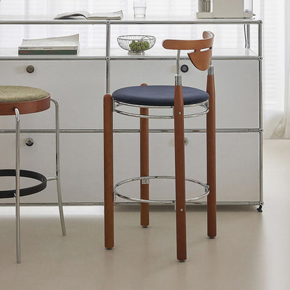 Modern Minimalist Round Solid Wood Plywood Wrought Iron Bar Stool With Backrest Footrest - Beech Wood Legs, Upholstered Sponge Cushions For Dining Room & Kitchen