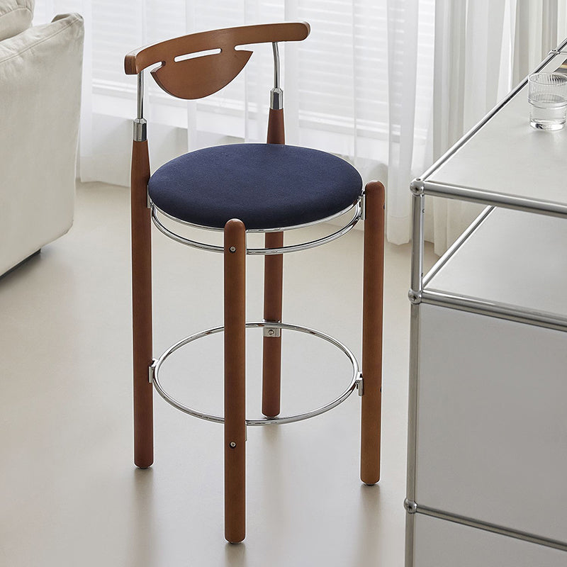 Modern Minimalist Round Solid Wood Plywood Wrought Iron Bar Stool With Backrest Footrest - Beech Wood Legs, Upholstered Sponge Cushions For Dining Room & Kitchen