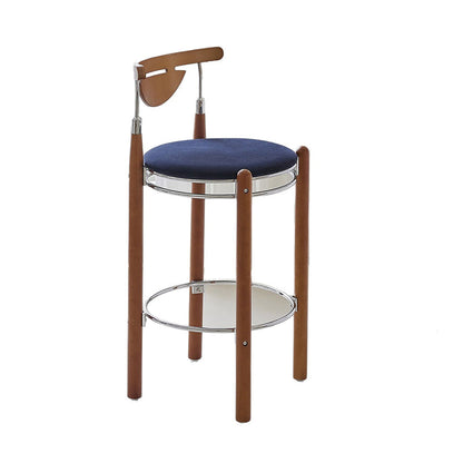 Modern Minimalist Round Solid Wood Plywood Wrought Iron Bar Stool With Backrest Footrest - Beech Wood Legs, Upholstered Sponge Cushions For Dining Room & Kitchen
