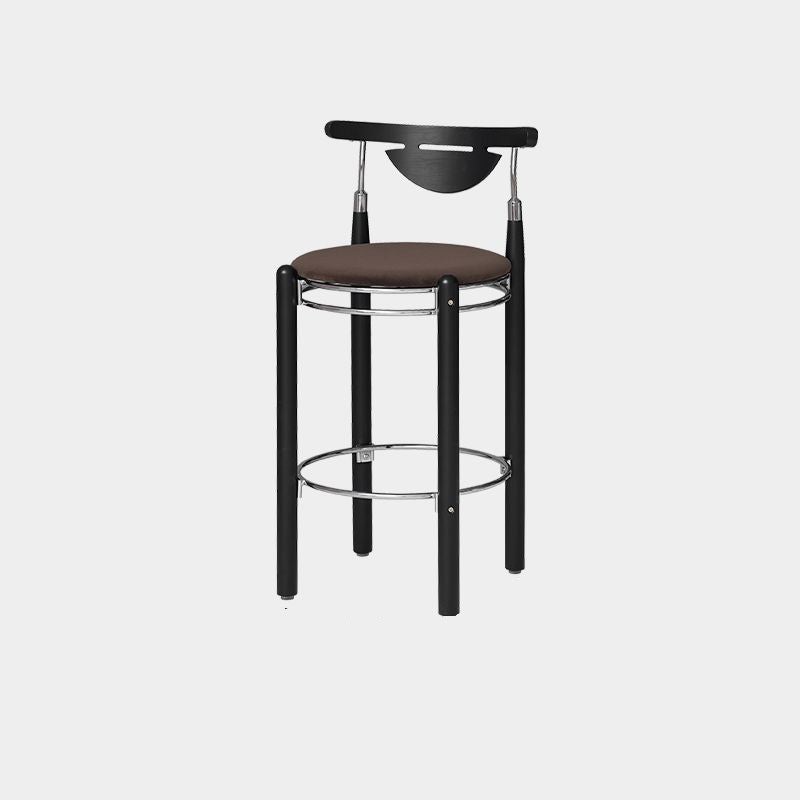 Modern Minimalist Round Solid Wood Plywood Wrought Iron Bar Stool With Backrest Footrest - Beech Wood Legs, Upholstered Sponge Cushions For Dining Room & Kitchen