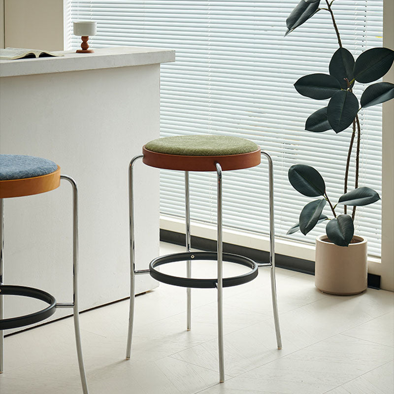 Modern Minimalist Bar Stool With Iron Frame & Beech Veneer Seat - Soft Cushioned Round Counter Chair With Footrest For Dining Room & Kitchen