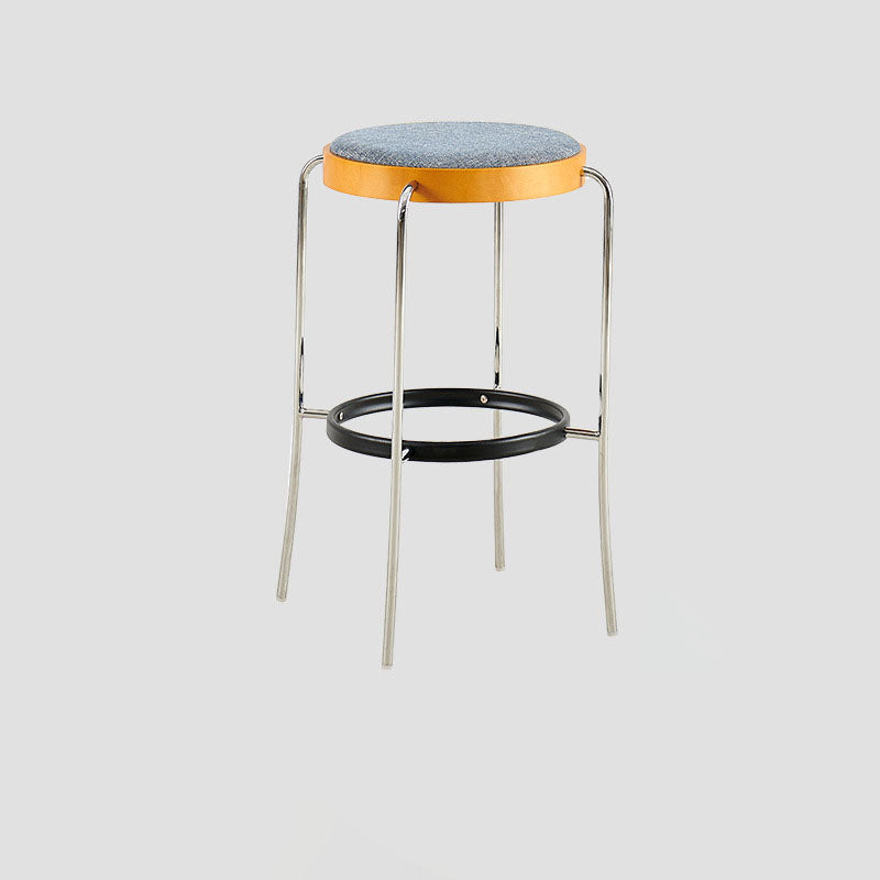 Modern Minimalist Bar Stool With Iron Frame & Beech Veneer Seat - Soft Cushioned Round Counter Chair With Footrest For Dining Room & Kitchen