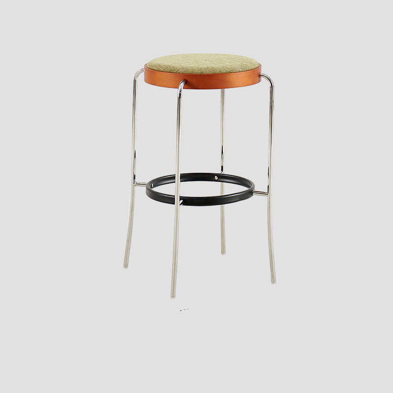 Modern Minimalist Bar Stool With Iron Frame & Beech Veneer Seat - Soft Cushioned Round Counter Chair With Footrest For Dining Room & Kitchen