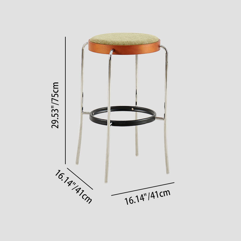 Modern Minimalist Bar Stool With Iron Frame & Beech Veneer Seat - Soft Cushioned Round Counter Chair With Footrest For Dining Room & Kitchen