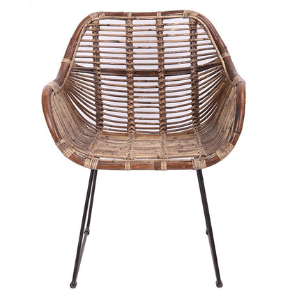 Contemporary Nordic Handwoven Natural Rattan Lounge Chair - Accent Chair With Ergonomic Backrest & Iron Base For Indoor & Outdoor Living