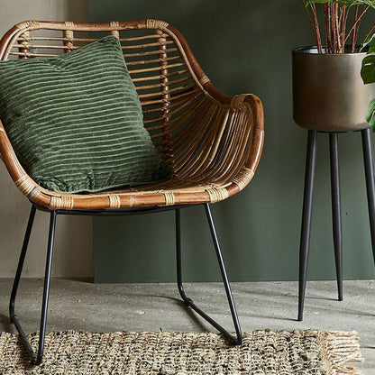 Contemporary Nordic Handwoven Natural Rattan Lounge Chair - Accent Chair With Ergonomic Backrest & Iron Base For Indoor & Outdoor Living