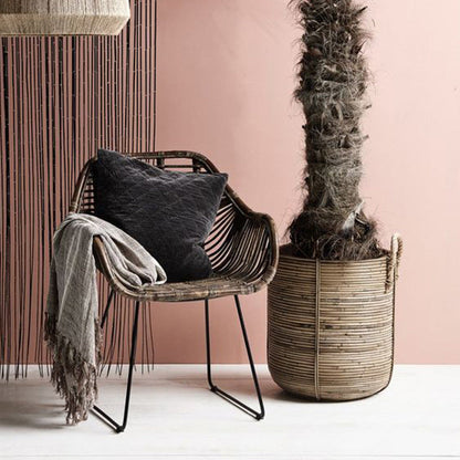 Contemporary Nordic Handwoven Natural Rattan Lounge Chair - Accent Chair With Ergonomic Backrest & Iron Base For Indoor & Outdoor Living