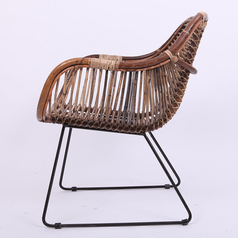 Contemporary Nordic Handwoven Natural Rattan Lounge Chair - Accent Chair With Ergonomic Backrest & Iron Base For Indoor & Outdoor Living
