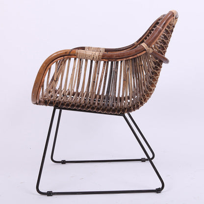 Contemporary Nordic Handwoven Natural Rattan Lounge Chair - Accent Chair With Ergonomic Backrest & Iron Base For Indoor & Outdoor Living