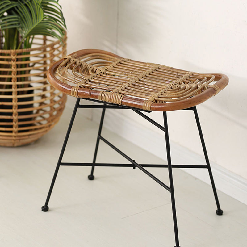 Contemporary Scandinavian Handwoven Rattan Low Stool With Iron Frame For Entryway & Living Spaces