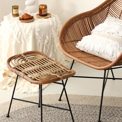 Contemporary Scandinavian Handwoven Rattan Low Stool With Iron Frame For Entryway & Living Spaces