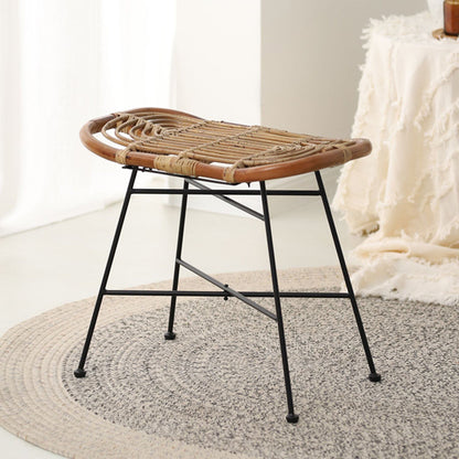 Contemporary Scandinavian Handwoven Rattan Low Stool With Iron Frame For Entryway & Living Spaces