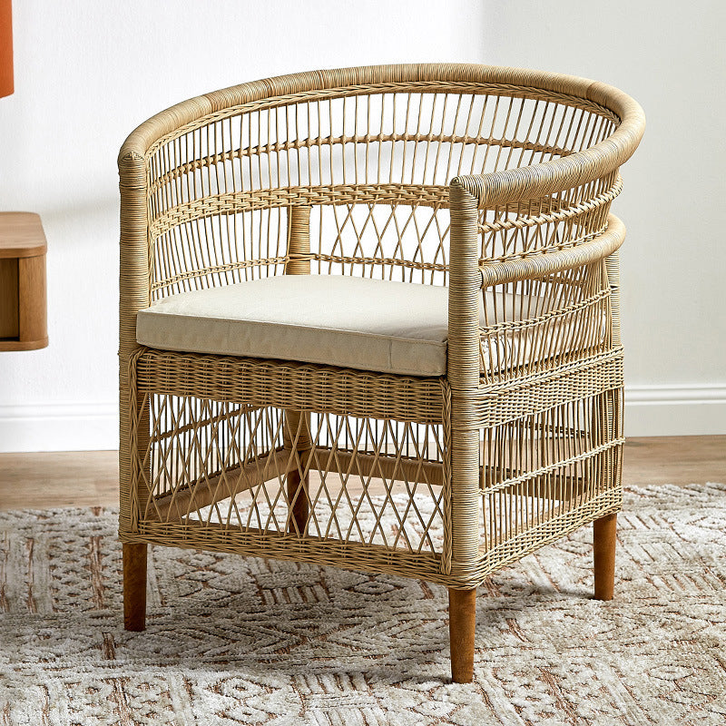 Contemporary Nordic Handwoven Natural Rattan Accent Chair With Round Backrest - Breathable Indoor & Outdoor Lounge Chair For Balcony & Garden