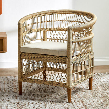 Contemporary Nordic Handwoven Natural Rattan Accent Chair With Round Backrest - Breathable Indoor & Outdoor Lounge Chair For Balcony & Garden