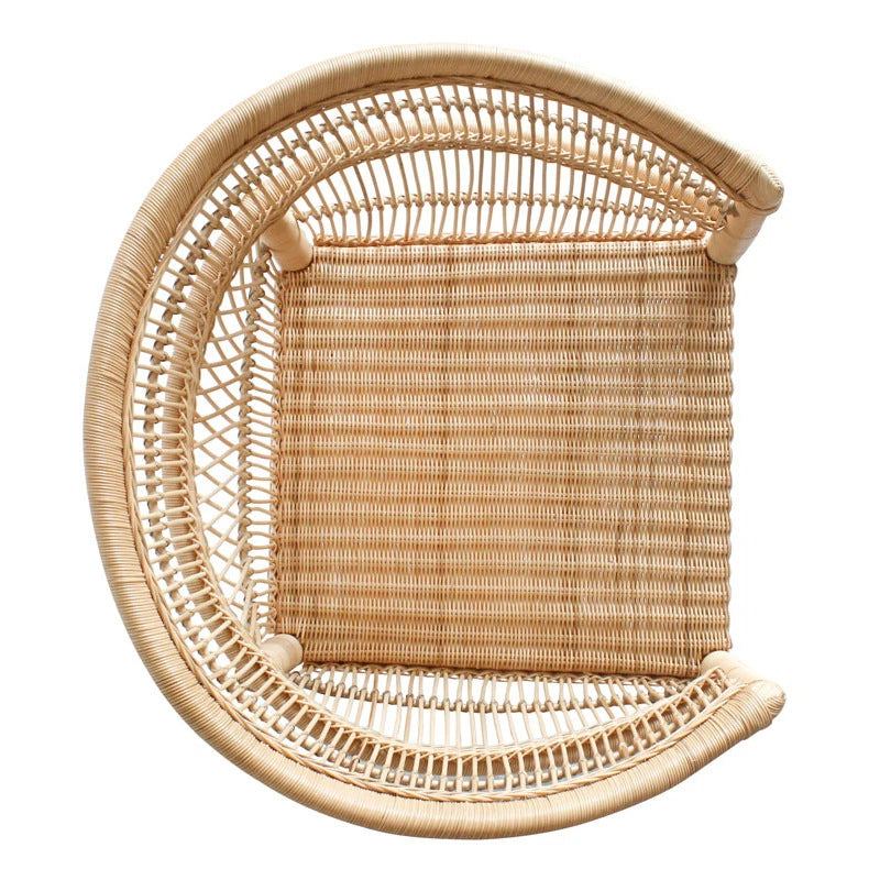 Contemporary Nordic Handwoven Natural Rattan Accent Chair With Round Backrest - Breathable Indoor & Outdoor Lounge Chair For Balcony & Garden