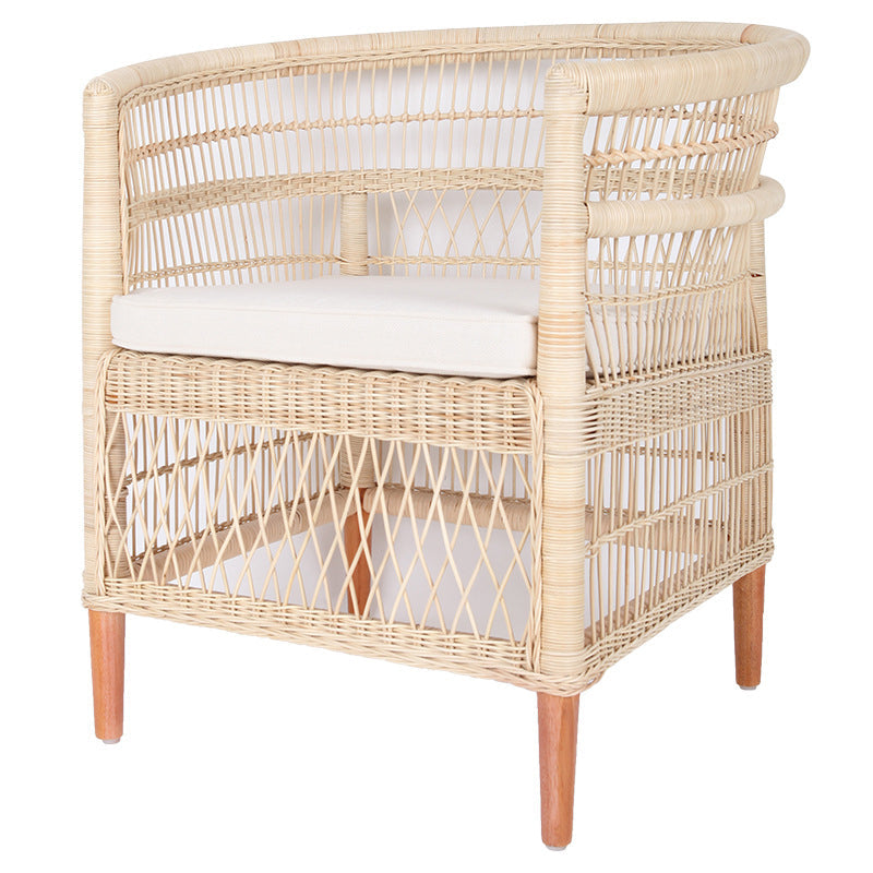 Contemporary Nordic Handwoven Natural Rattan Accent Chair With Round Backrest - Breathable Indoor & Outdoor Lounge Chair For Balcony & Garden