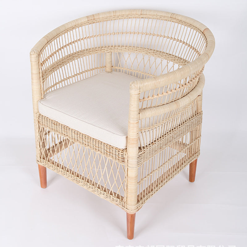 Contemporary Nordic Handwoven Natural Rattan Accent Chair With Round Backrest - Breathable Indoor & Outdoor Lounge Chair For Balcony & Garden