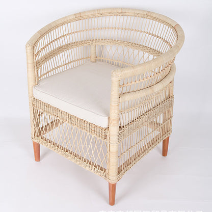 Contemporary Nordic Handwoven Natural Rattan Accent Chair With Round Backrest - Breathable Indoor & Outdoor Lounge Chair For Balcony & Garden