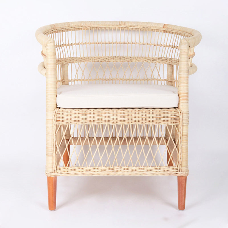 Contemporary Nordic Handwoven Natural Rattan Accent Chair With Round Backrest - Breathable Indoor & Outdoor Lounge Chair For Balcony & Garden