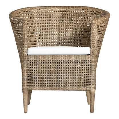 Handwoven Rattan Solid Wood Lounge Chair For Balcony & Patio - Contemporary Nordic Indoor Outdoor Relaxing Accent Chair With Waterproof Cushion