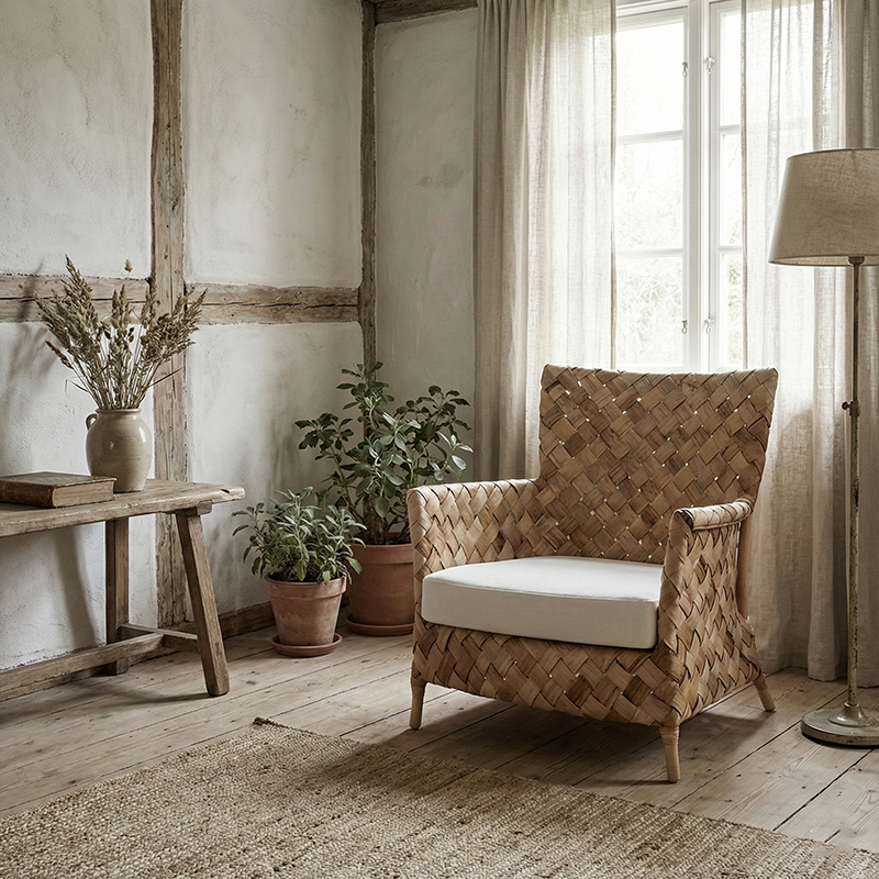 Contemporary Nordic Artisan Indonesian Natural Rattan Weaving Lounge Chair - Armchair With Thick Handwoven Texture For Living Room