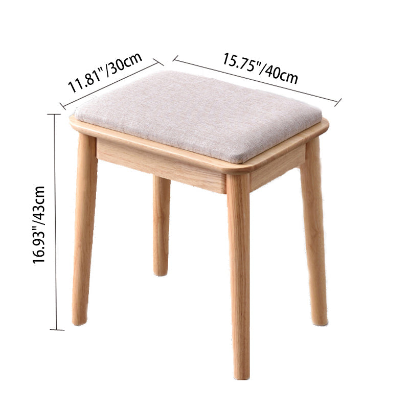 Modern Minimalist Solid Wood & Cotton Linen Rectangular Vanity Stool With Upholstered Seat For Bedroom
