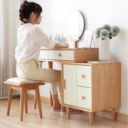 Modern Minimalist Solid Wood & Cotton Linen Rectangular Vanity Stool With Upholstered Seat For Bedroom