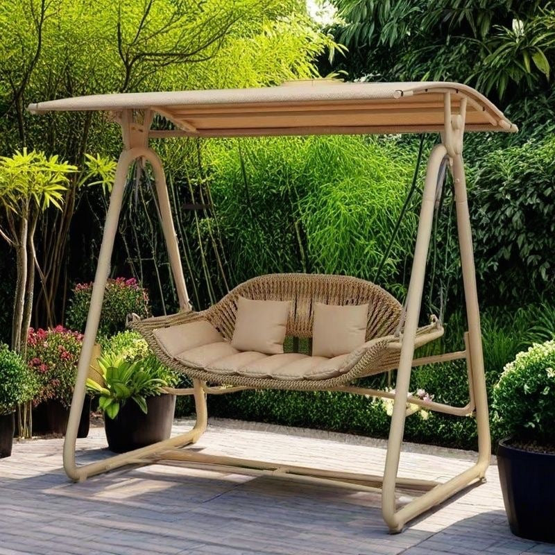 Contemporary Nordic Steel Frame PE Wicker 2-Seat Outdoor Patio Rocking Chair With Waterproof Cushions & Canopy For Backyard & Garden