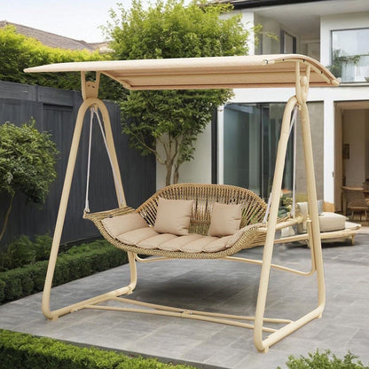 Contemporary Nordic Steel Frame PE Wicker 2-Seat Outdoor Patio Rocking Chair With Waterproof Cushions & Canopy For Backyard & Garden