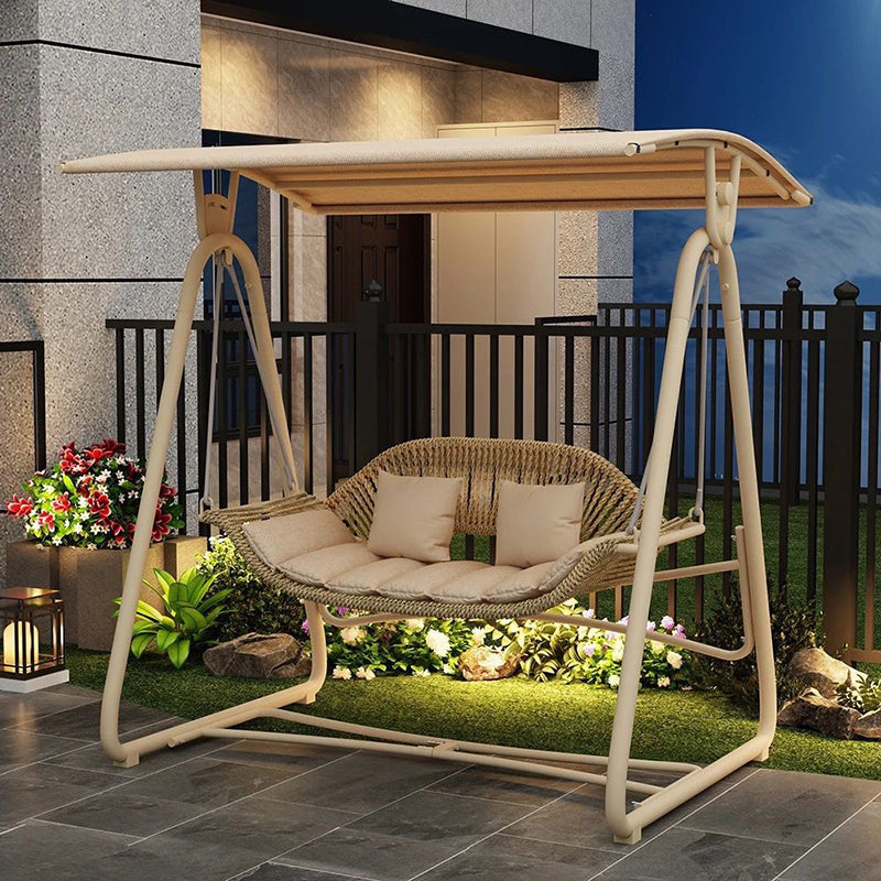Contemporary Nordic Steel Frame PE Wicker 2-Seat Outdoor Patio Rocking Chair With Waterproof Cushions & Canopy For Backyard & Garden