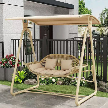 Contemporary Nordic Steel Frame PE Wicker 2-Seat Outdoor Patio Rocking Chair With Waterproof Cushions & Canopy For Backyard & Garden