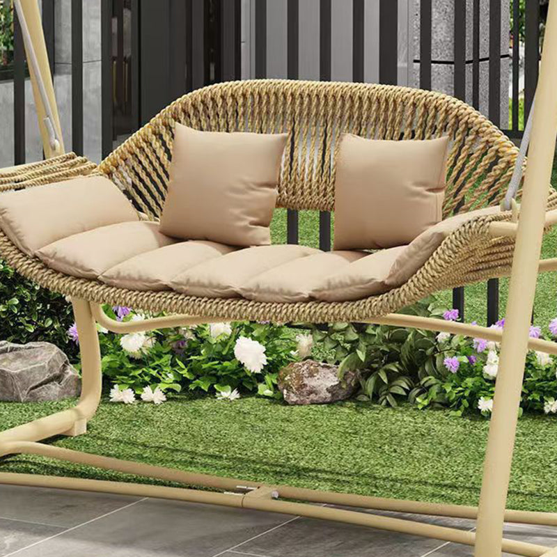 Contemporary Nordic Steel Frame PE Wicker 2-Seat Outdoor Patio Rocking Chair With Waterproof Cushions & Canopy For Backyard & Garden
