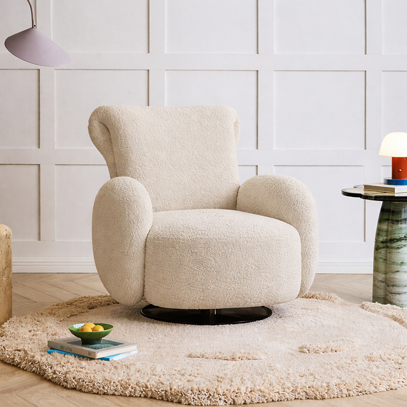 Traditional Vintage Stainless Steel & Chenille Swivel Upholstery Accent Chair With Backrest & Armrest Curved Silhouette For Living Room