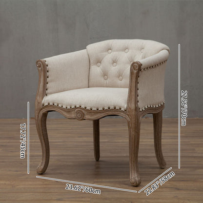 Traditional French Solid Wood & Linen Fabric Upholstered Accent Chair With Armrests And Backrest For Living Room
