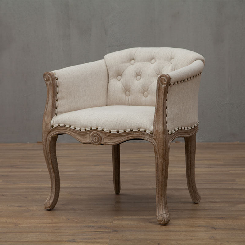 Traditional French Solid Wood & Linen Fabric Upholstered Accent Chair With Armrests And Backrest For Living Room
