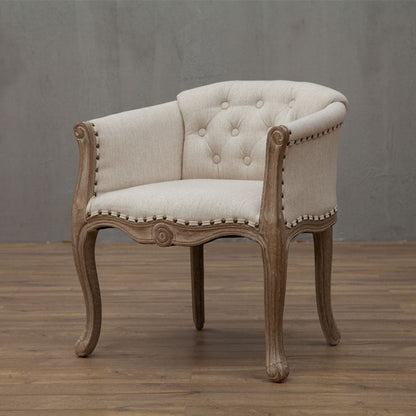 Traditional French Solid Wood & Linen Fabric Upholstered Accent Chair With Armrests And Backrest For Living Room