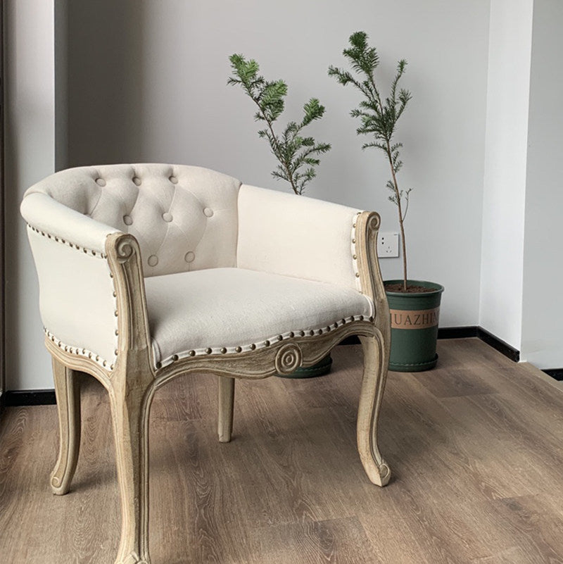 Traditional French Solid Wood & Linen Fabric Upholstered Accent Chair With Armrests And Backrest For Living Room