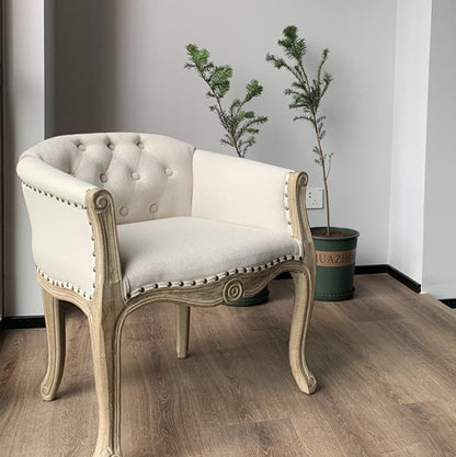 Traditional French Solid Wood & Linen Fabric Upholstered Accent Chair With Armrests And Backrest For Living Room